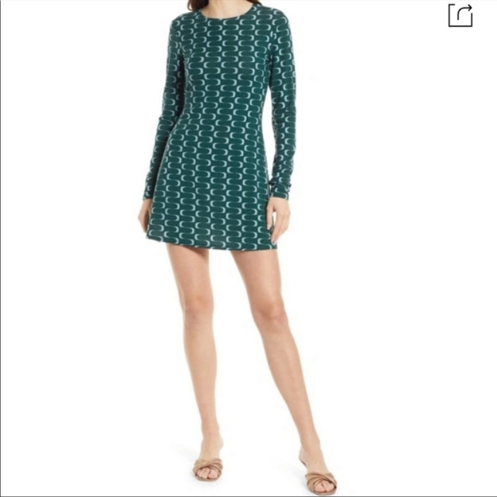 Reformation Teal Green & White Printed Long Sleeve Mini Dress